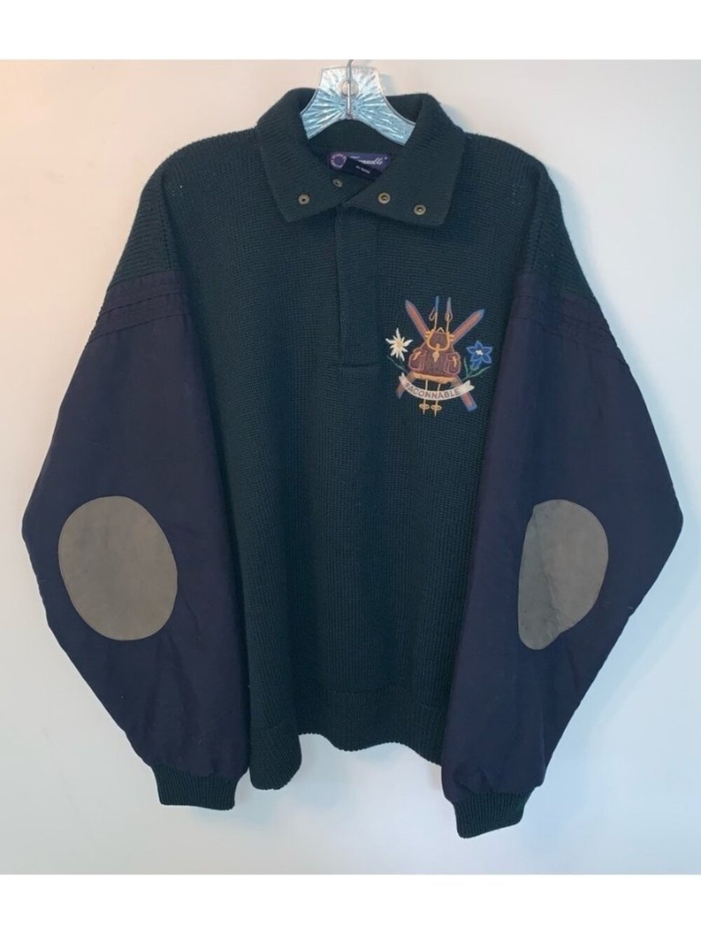 Faconnable Green Blue 100% Wool Sweater Leather Patches Embroidered Crest L